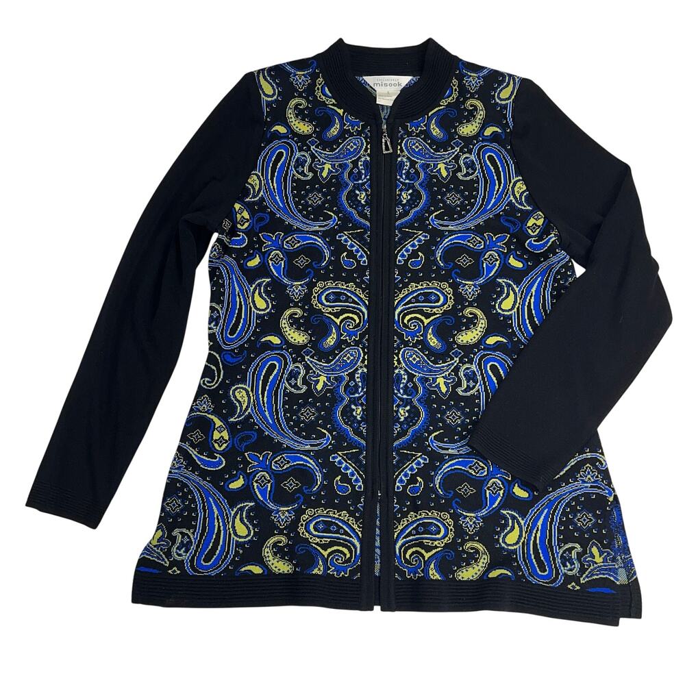 Misook Paisley Knit Zip Up Hip Length Cardigan Sweater Black Blue Yellow Size S